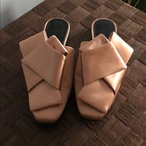 Powder pink mules, silk/satin blend,  squared toes